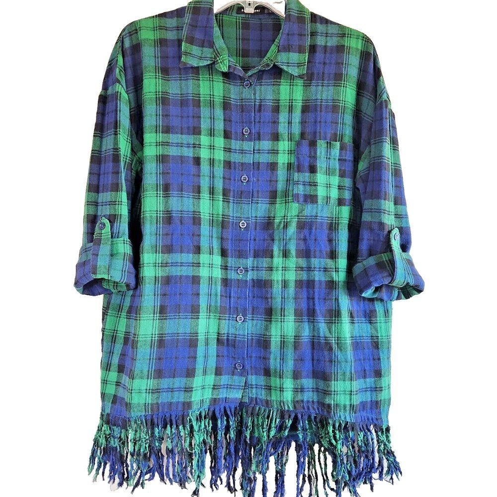 Blu Pepper Womens Boho Flannel‎ Shacket Size M/L Jacket Blue Plaid Fringe Hem - Picture 2 of 8